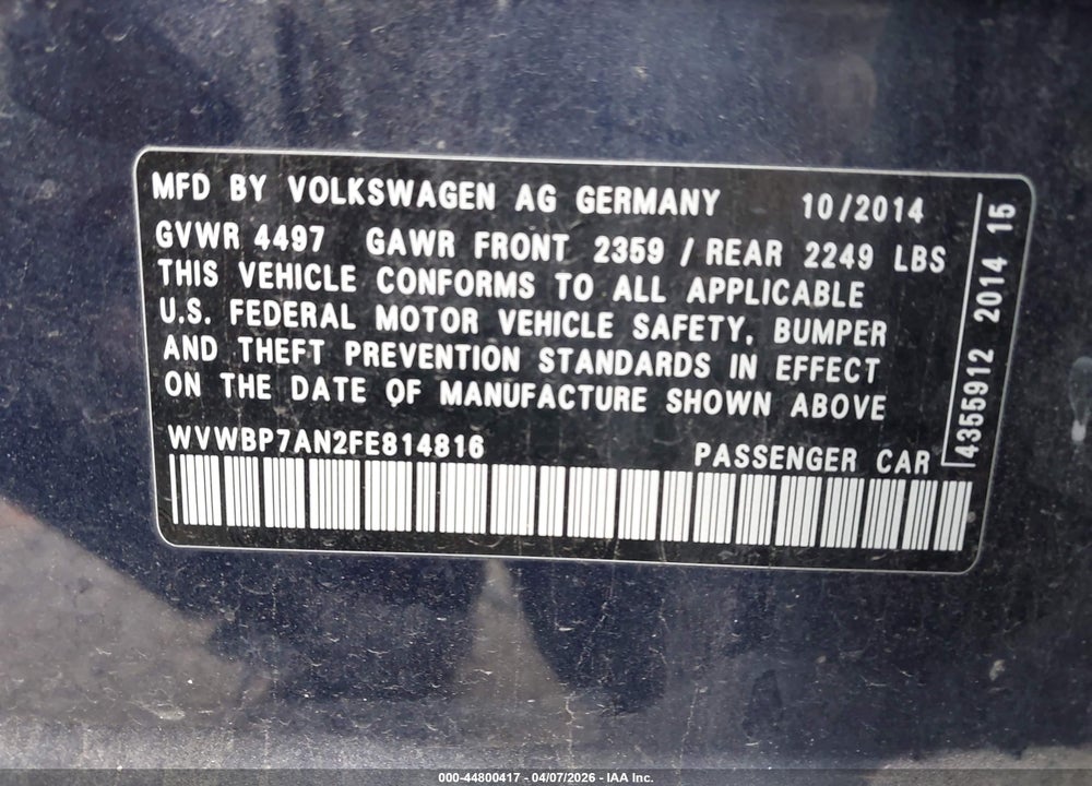 2015 VOLKSWAGEN CC 2.0T R-LINE VIN: WVWBP7AN2FE814816