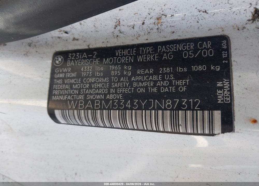 2000 BMW 323CI VIN: WBABM3343YJN87312