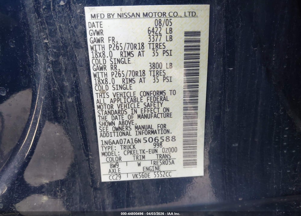 2006 NISSAN TITAN SE VIN: 1N6AA07A16N506588