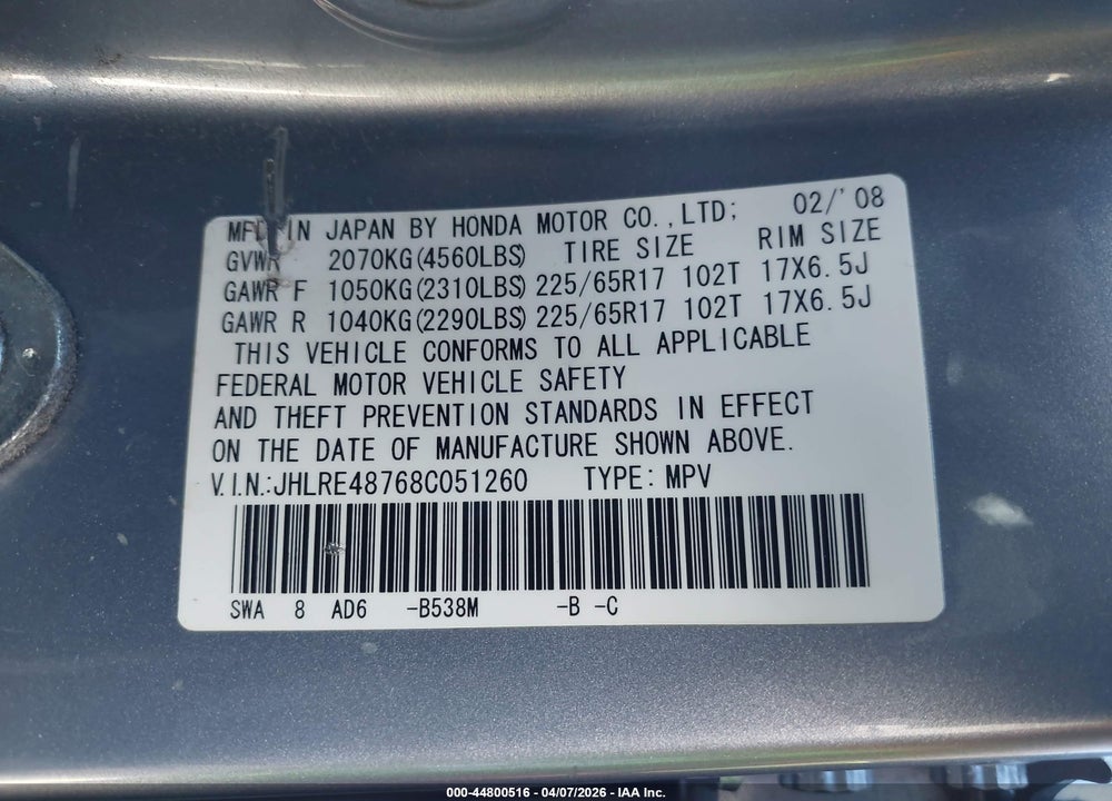 2008 HONDA CR-V EX-L VIN: JHLRE48768C051260