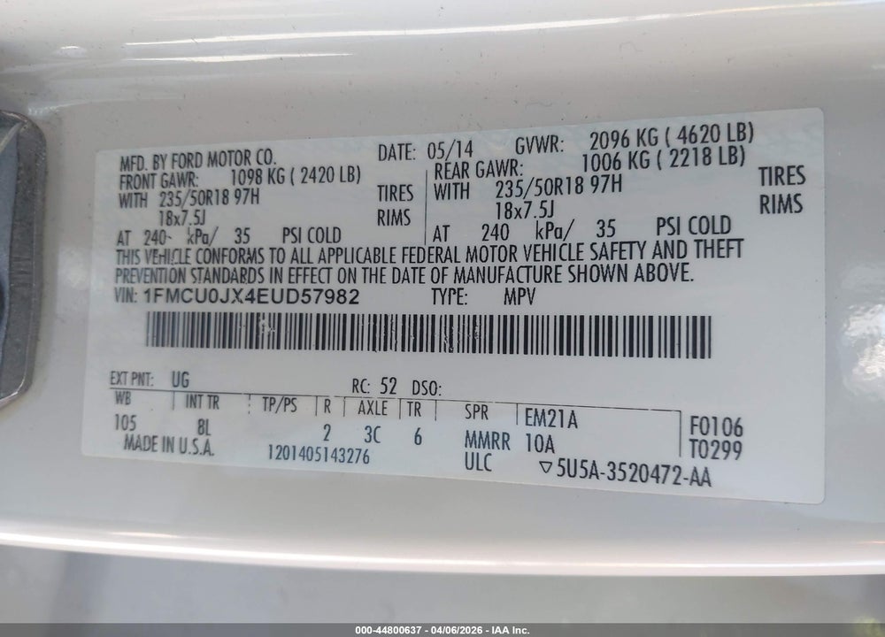 2014 FORD ESCAPE TITANIUM VIN: 1FMCU0JX4EUD57982