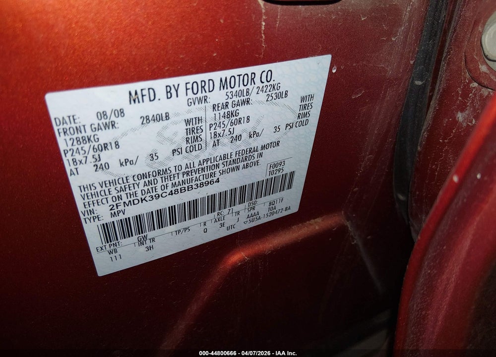2008 FORD EDGE LIMITED VIN: 2FMDK39C48BB38964