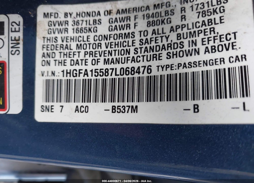 2007 HONDA CIVIC LX VIN: 1HGFA15587L068476