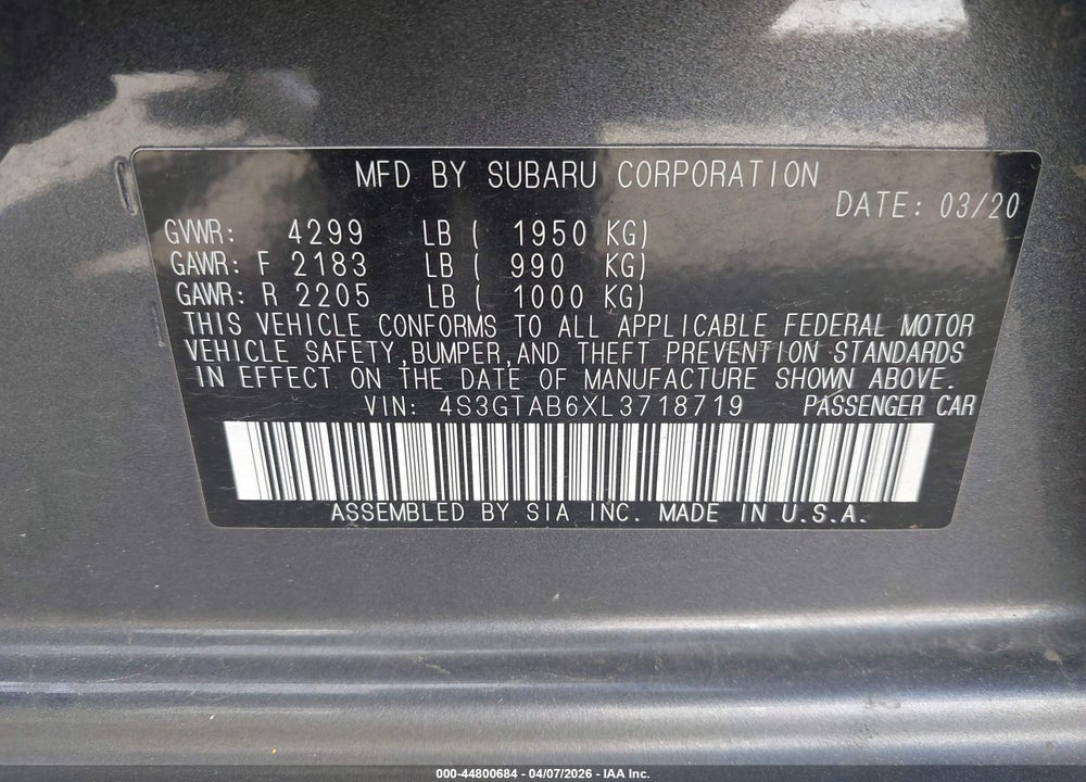 2020 SUBARU IMPREZA 5-DOOR VIN: 4S3GTAB6XL3718719