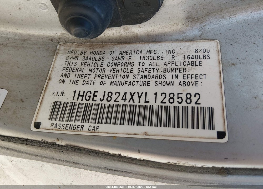 2000 HONDA CIVIC EX VIN: 1HGEJ824XYL128582