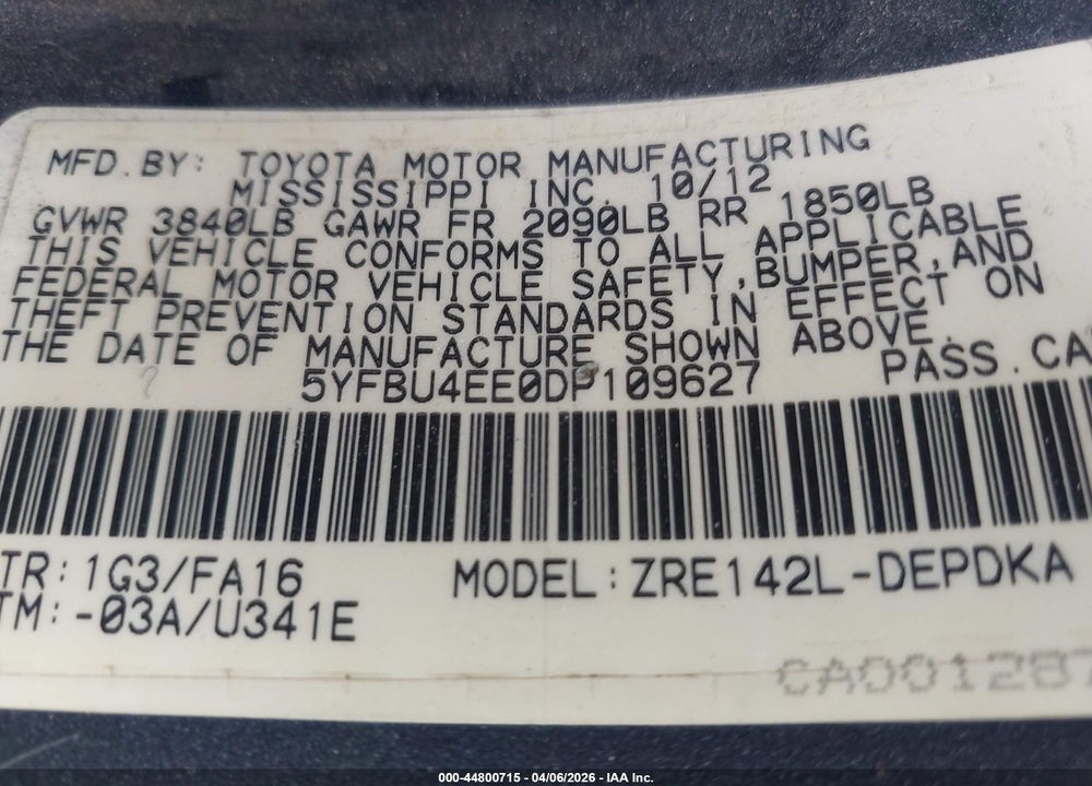 2013 TOYOTA COROLLA L VIN: 5YFBU4EE0DP109627