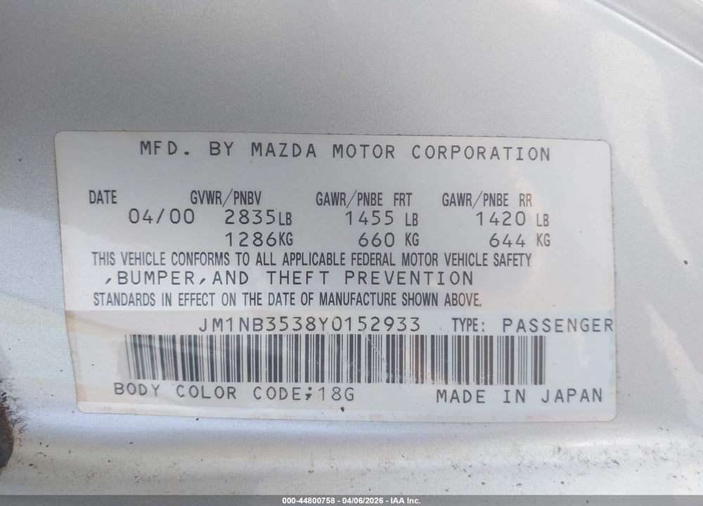 2000 MAZDA MX-5 MIATA LS/SPECIAL EDITION VIN: JM1NB3538Y0152933