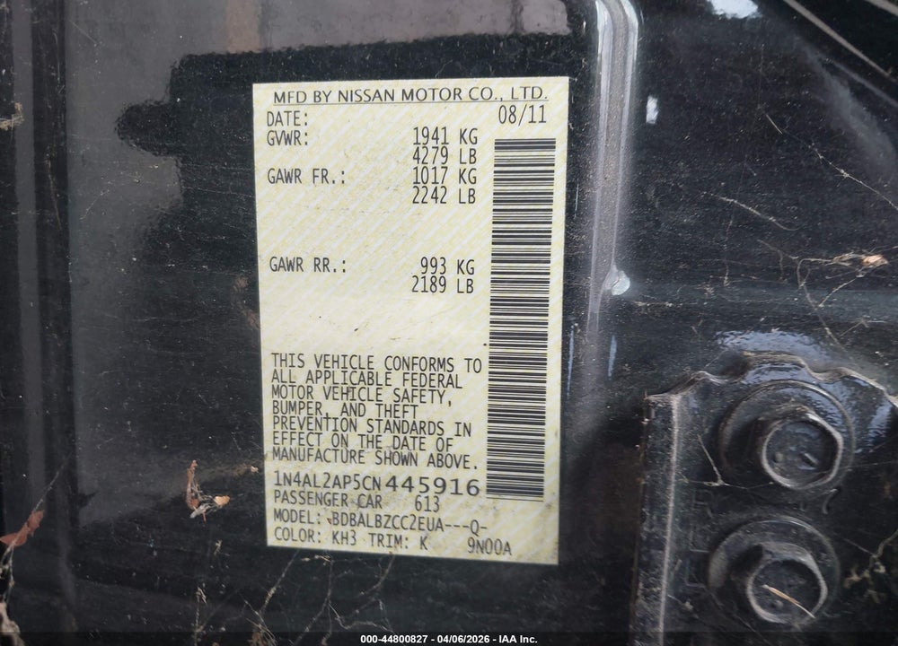 2012 NISSAN ALTIMA 2.5 S VIN: 1N4AL2AP5CN445916