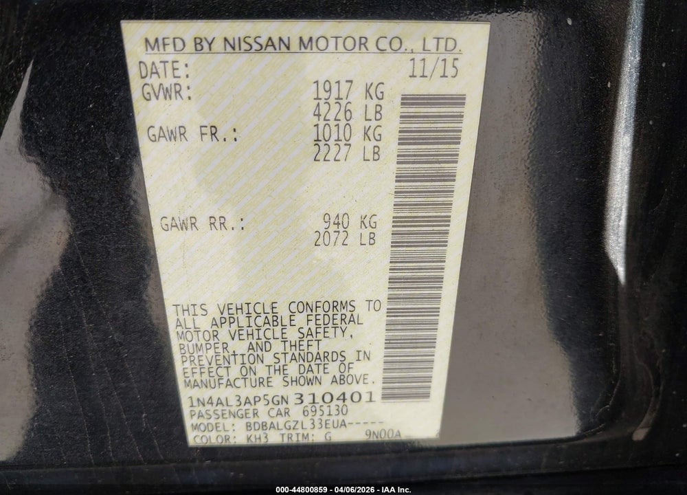 2016 NISSAN ALTIMA 2.5/2.5 S/2.5 SL/2.5 SR/2.5 SV VIN: 1N4AL3AP5GN310401