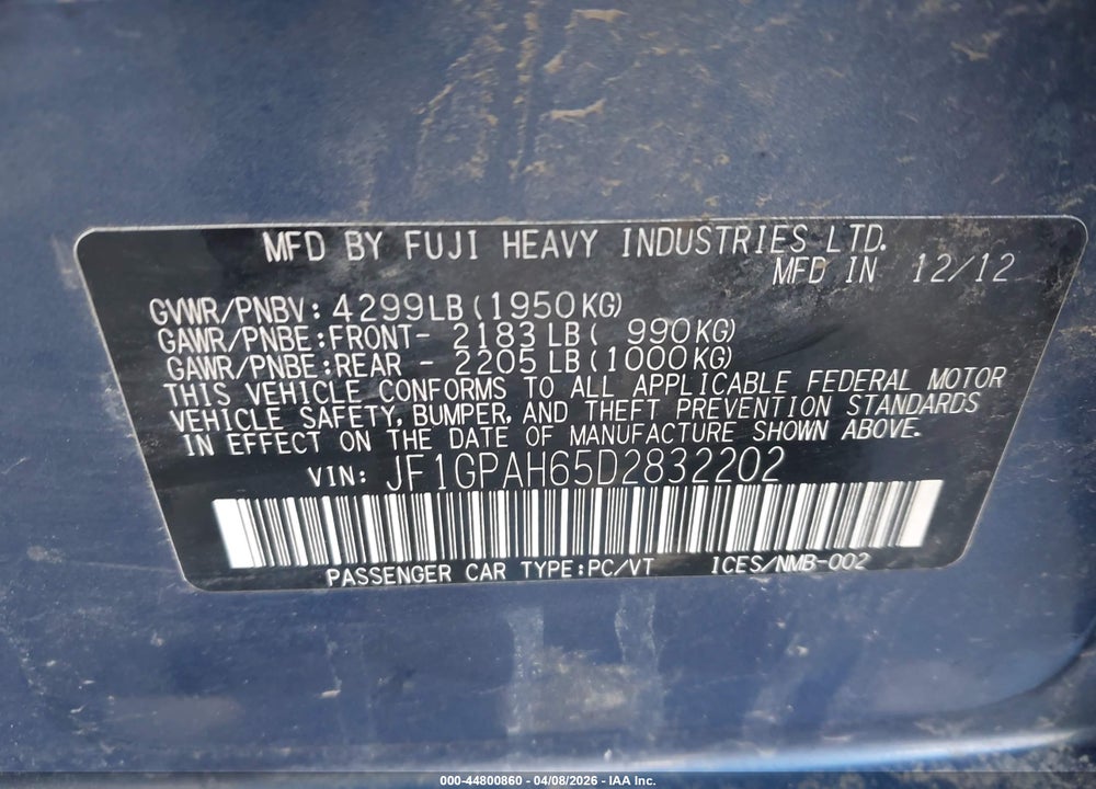 2013 SUBARU IMPREZA 2.0I LIMITED VIN: JF1GPAH65D2832202