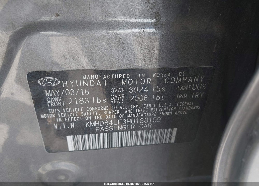 2017 HYUNDAI ELANTRA LIMITED VIN: KMHD84LF3HU188109