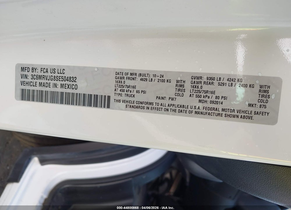 2025 RAM PROMASTER 3500 CARGO VAN TRADESMAN HIGH ROOF 159 WB EXT VIN: 3C6MRVJG8SE504832