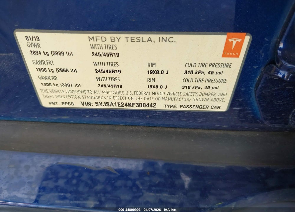 2019 TESLA MODEL S 100D/75D/LONG RANGE/STANDARD RANGE VIN: 5YJSA1E24KF300442