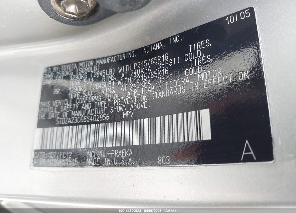 2006 TOYOTA SIENNA LE VIN: 5TDZA23C66S402956
