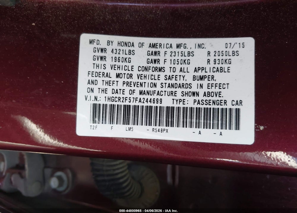 2015 HONDA ACCORD SPORT VIN: 1HGCR2F57FA244699