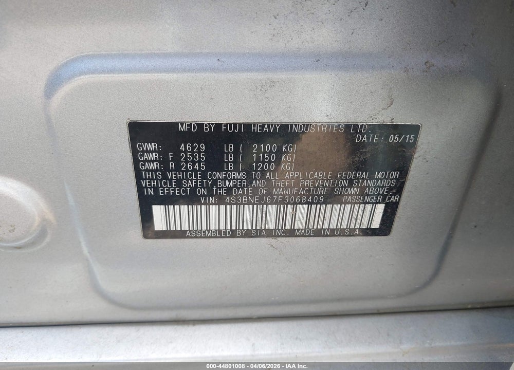 2015 SUBARU LEGACY 3.6R LIMITED VIN: 4S3BNEJ67F3068409