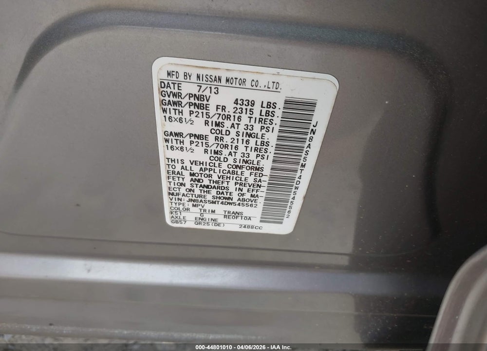 2013 NISSAN ROGUE S VIN: JN8AS5MT4DW545562