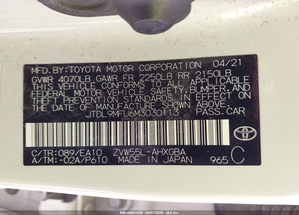 2021 TOYOTA PRIUS XLE AWD-E VIN: JTDL9MFU6M3030113