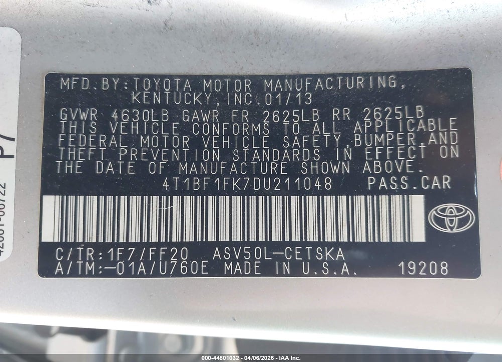 2013 TOYOTA CAMRY SE VIN: 4T1BF1FK7DU211048