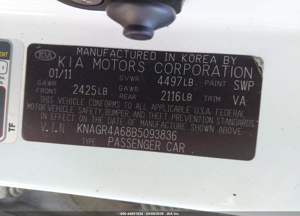 2011 KIA OPTIMA SX VIN: KNAGR4A68B5093836
