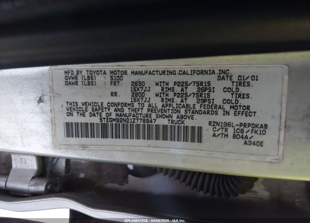 2001 TOYOTA TACOMA PRERUNNER VIN: 5TEGM92N21Z778947