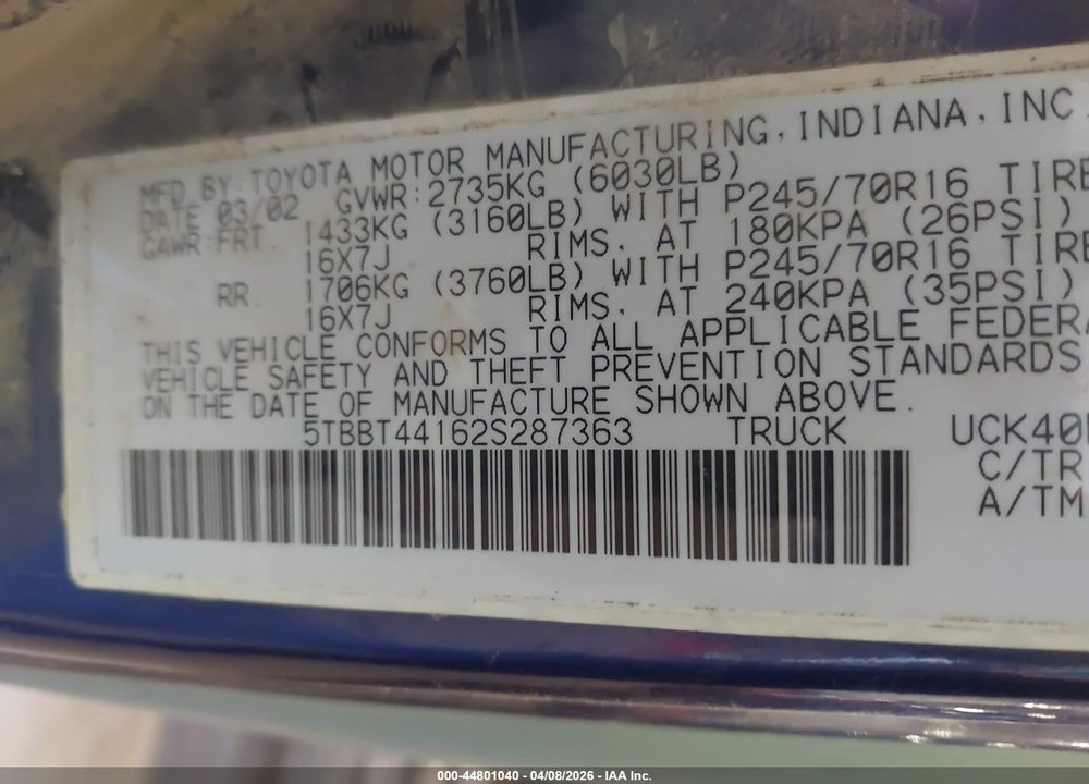 2002 TOYOTA TUNDRA SR5 VIN: 5TBBT44162S287363