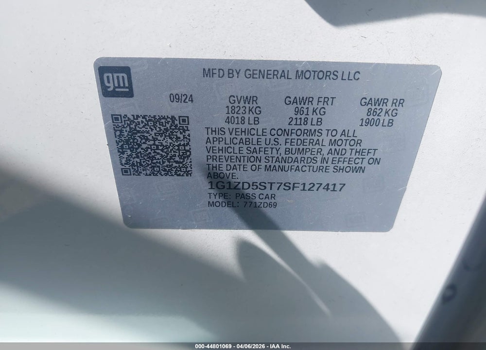 2025 CHEVROLET MALIBU FWD 1LT VIN: 1G1ZD5ST7SF127417