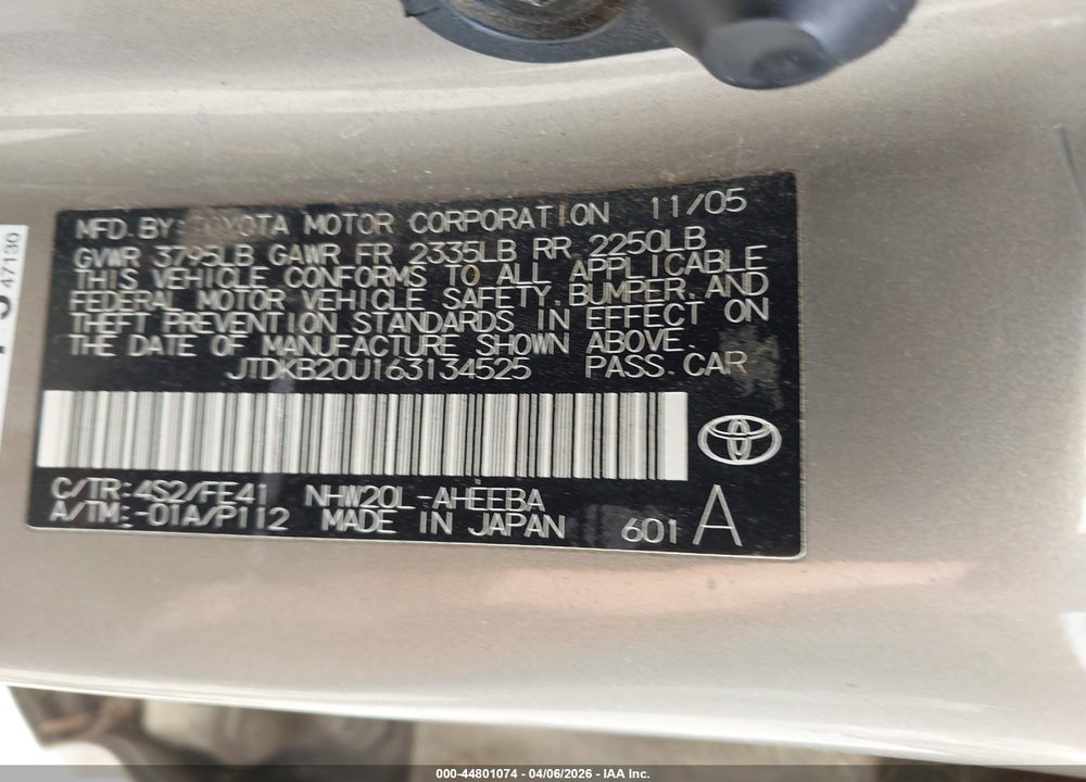 2006 TOYOTA PRIUS VIN: JTDKB20U163134525