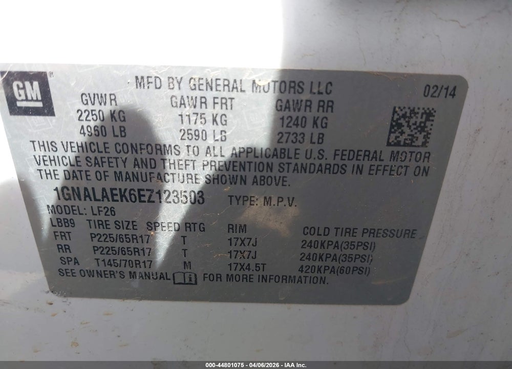 2014 CHEVROLET EQUINOX LS VIN: 1GNALAEK6EZ123503