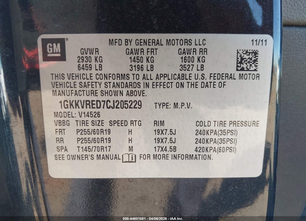 2012 GMC ACADIA SLT-1 VIN: 1GKKVRED7CJ205229