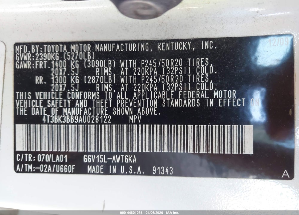 2010 TOYOTA VENZA BASE V6 VIN: 4T3BK3BB9AU028122