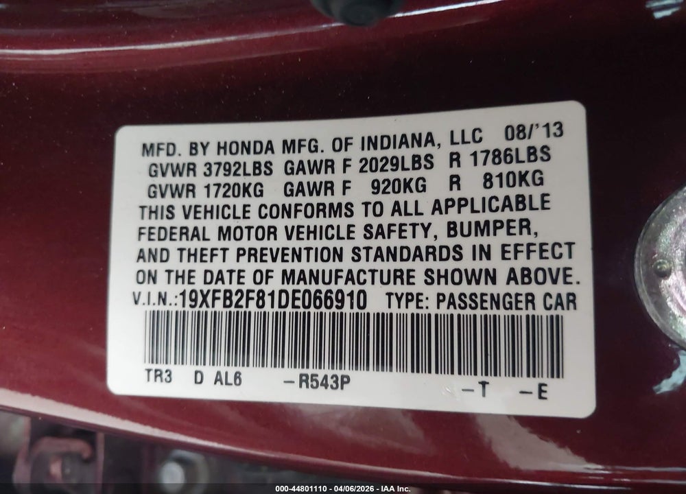 2013 HONDA CIVIC EX VIN: 19XFB2F81DE066910