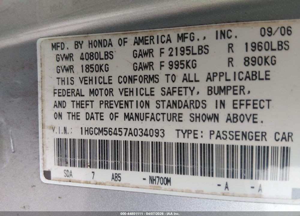 2007 HONDA ACCORD 2.4 LX VIN: 1HGCM56457A034093