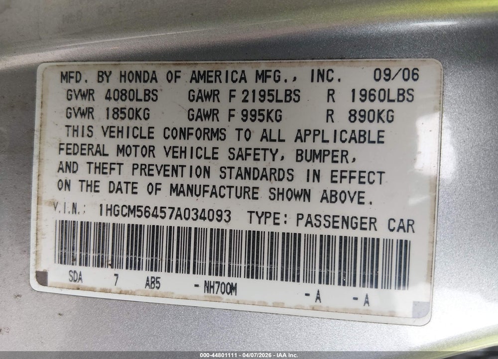 2007 HONDA ACCORD 2.4 LX VIN: 1HGCM56457A034093