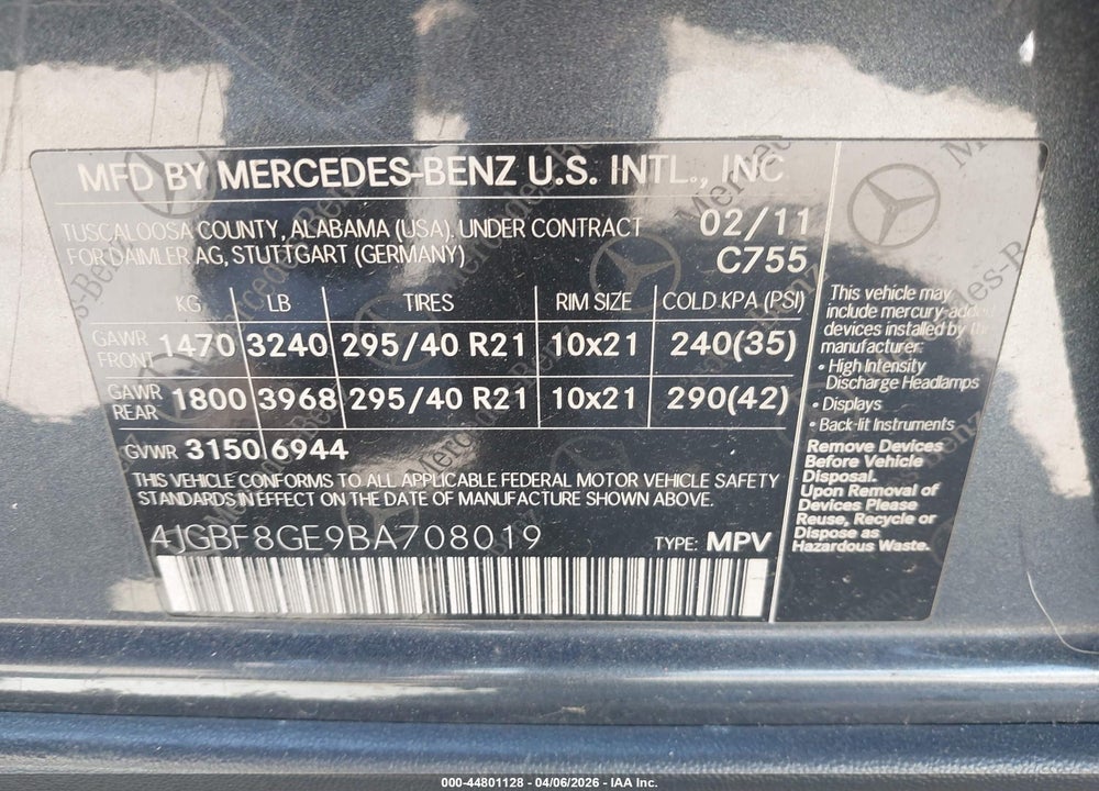 2011 MERCEDES-BENZ GL 550 4MATIC VIN: 4JGBF8GE9BA708019