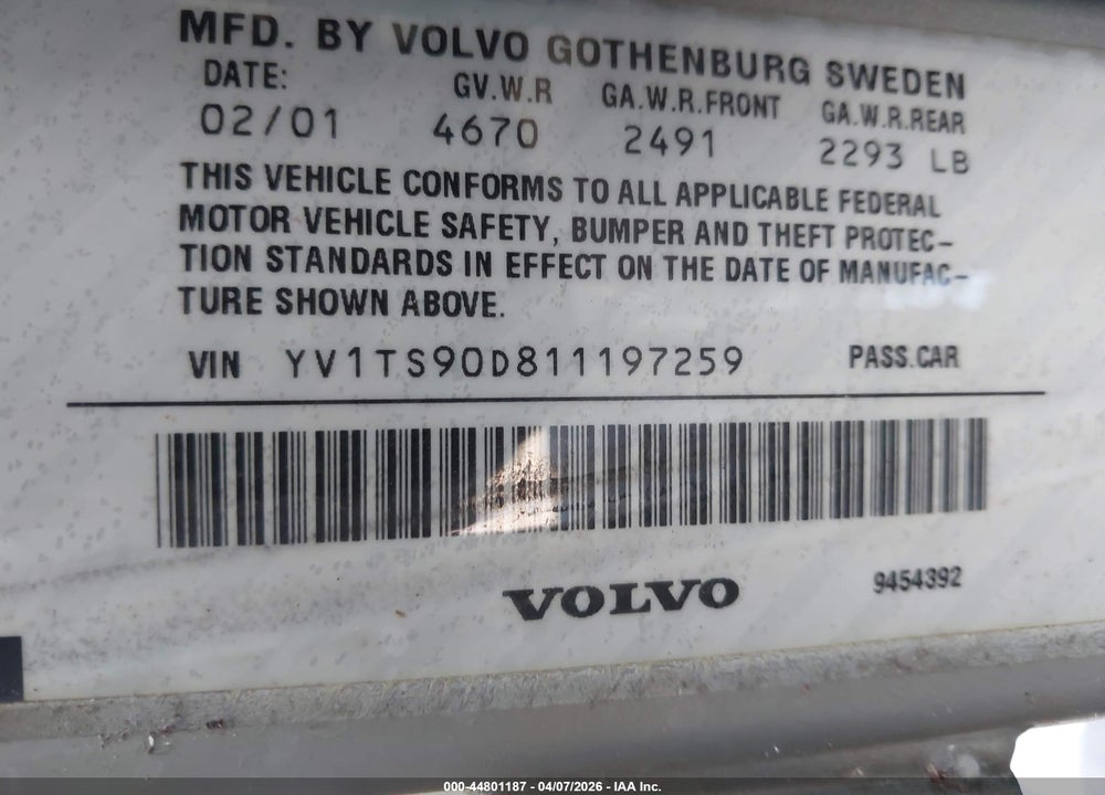 2001 VOLVO S80 T6 VIN: YV1TS90D811197259