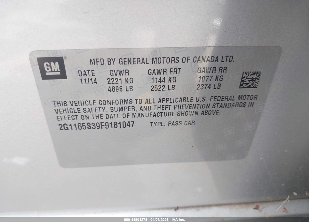 2015 CHEVROLET IMPALA 2LZ VIN: 2G1165S39F9181047