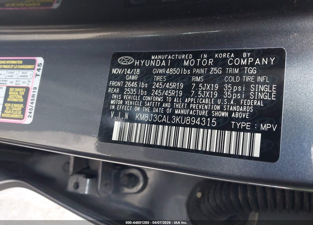 2019 HYUNDAI TUCSON SPORT VIN: KM8J3CAL3KU894315