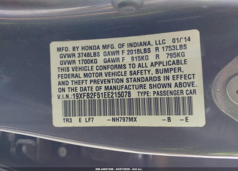 2014 HONDA CIVIC LX VIN: 19XFB2F51EE215078