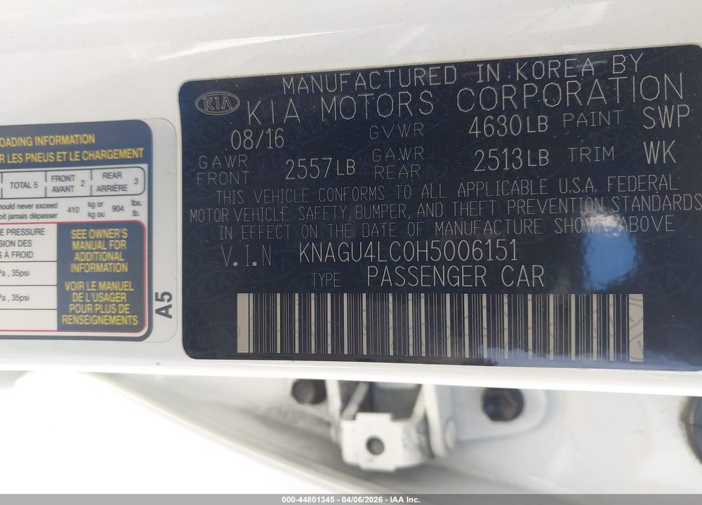 2017 KIA OPTIMA HYBRID EX VIN: KNAGU4LC0H5006151