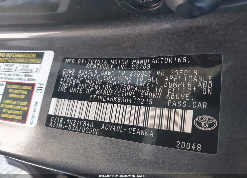 2009 TOYOTA CAMRY LE VIN: 4T1BE46K89U413215