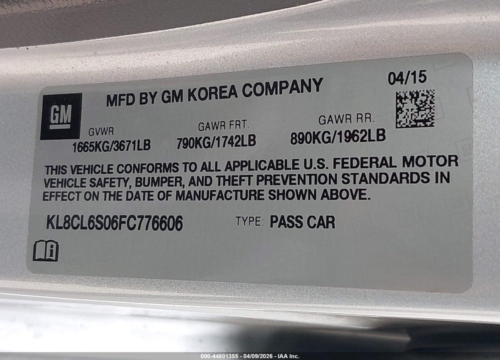 2015 CHEVROLET SPARK EV 2LT VIN: KL8CL6S06FC776606
