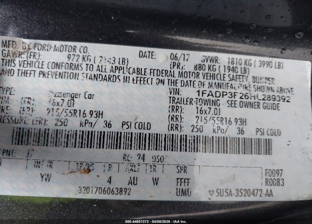 2017 FORD FOCUS SE VIN: 1FADP3F26HL289392