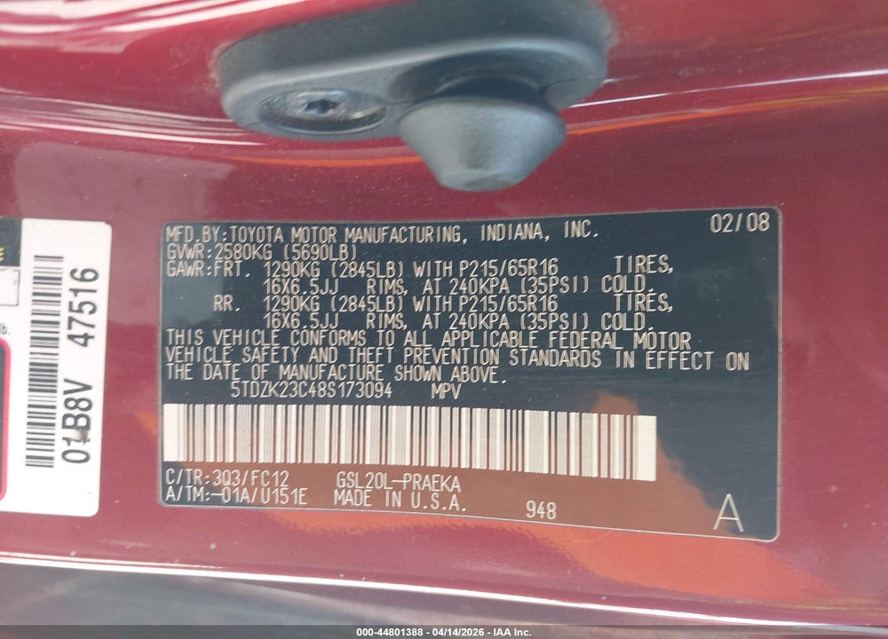 2008 TOYOTA SIENNA LE VIN: 5TDZK23C48S173094