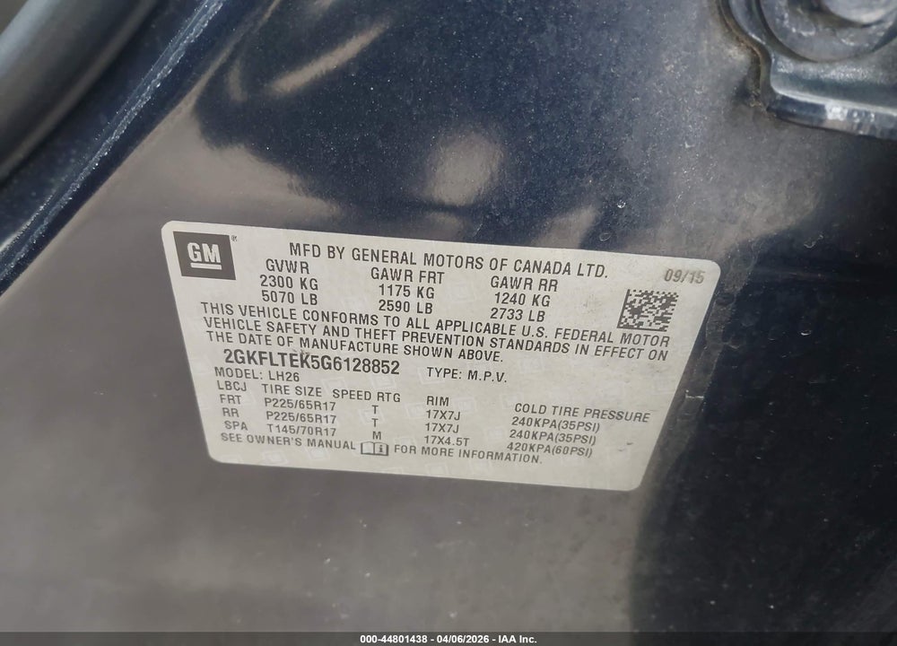 2016 GMC TERRAIN SLE-2 VIN: 2GKFLTEK5G6128852