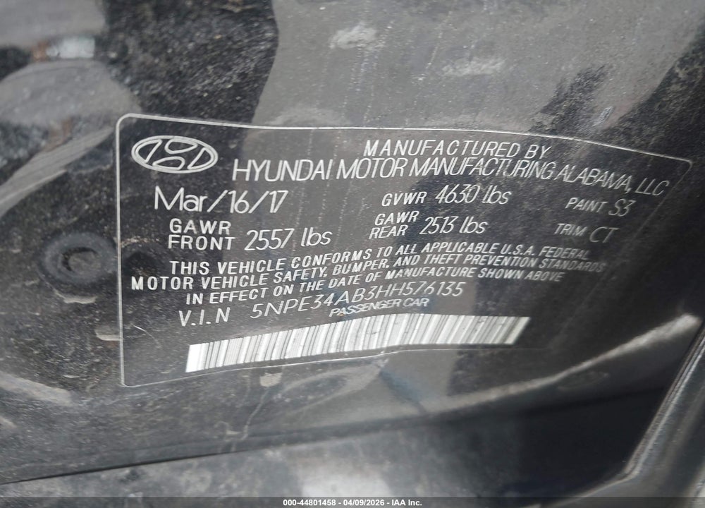 2017 HYUNDAI SONATA SPORT 2.0T VIN: 5NPE34AB3HH576135