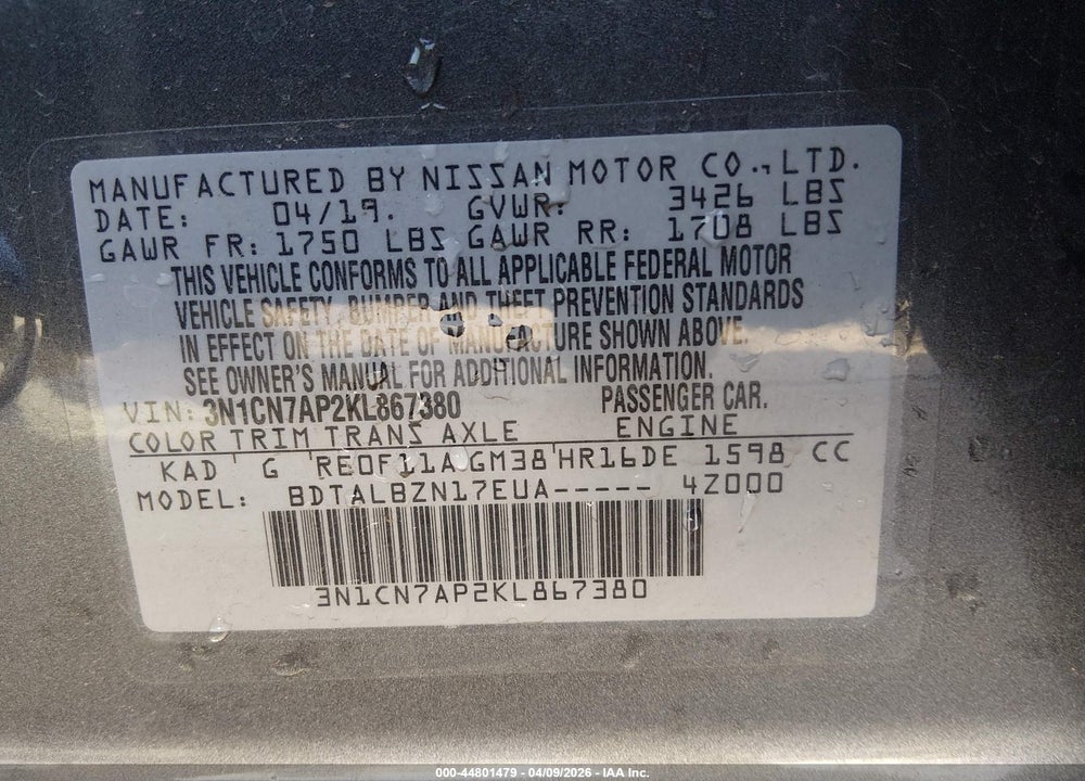 2019 NISSAN VERSA 1.6 SV VIN: 3N1CN7AP2KL867380