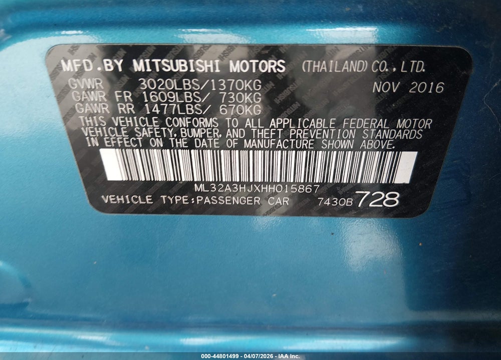 2017 MITSUBISHI MIRAGE ES VIN: ML32A3HJXHH015867