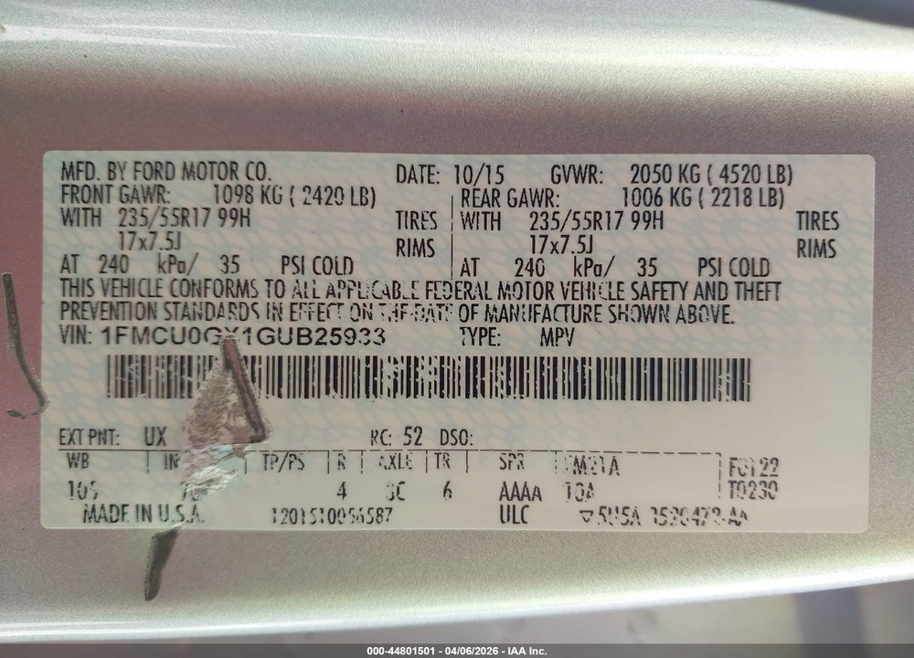 2016 FORD ESCAPE SE VIN: 1FMCU0GX1GUB25933