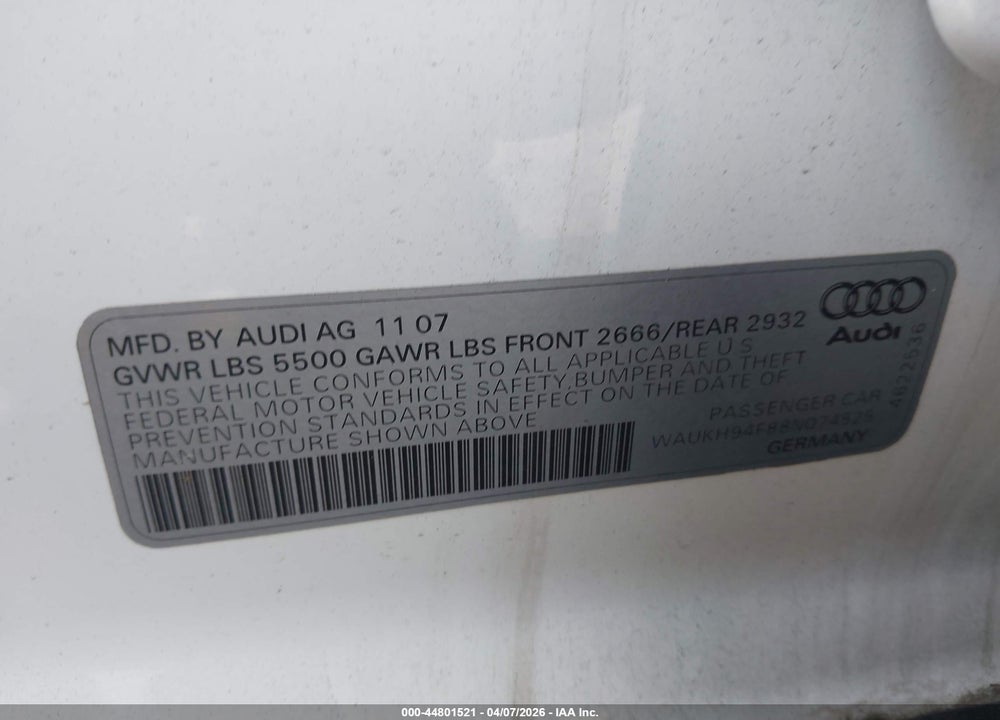 2008 AUDI A6 3.2 AVANT VIN: WAUKH94F88N074525